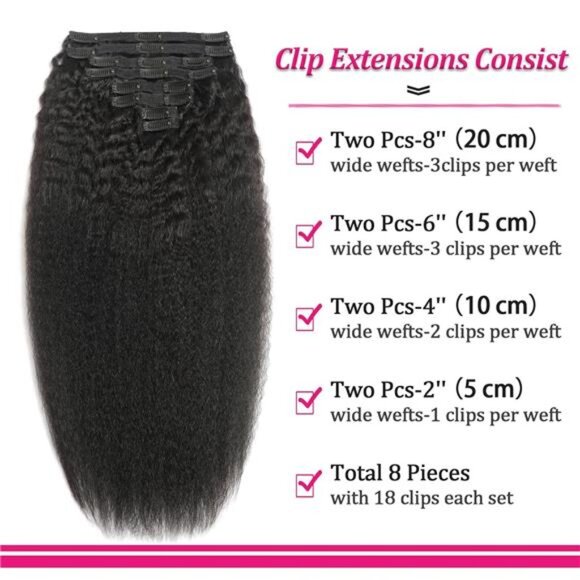 Clip in Hair Extensions Real Human Hair 20 Inch 8Pcs 120g Kinky Straight Clip - Picture 2 of 7